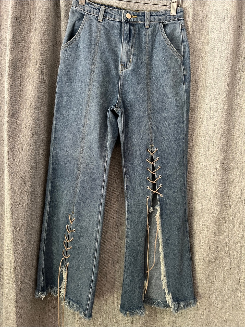 Honey Belle Medium Blue Lace-Up Flare Jeans